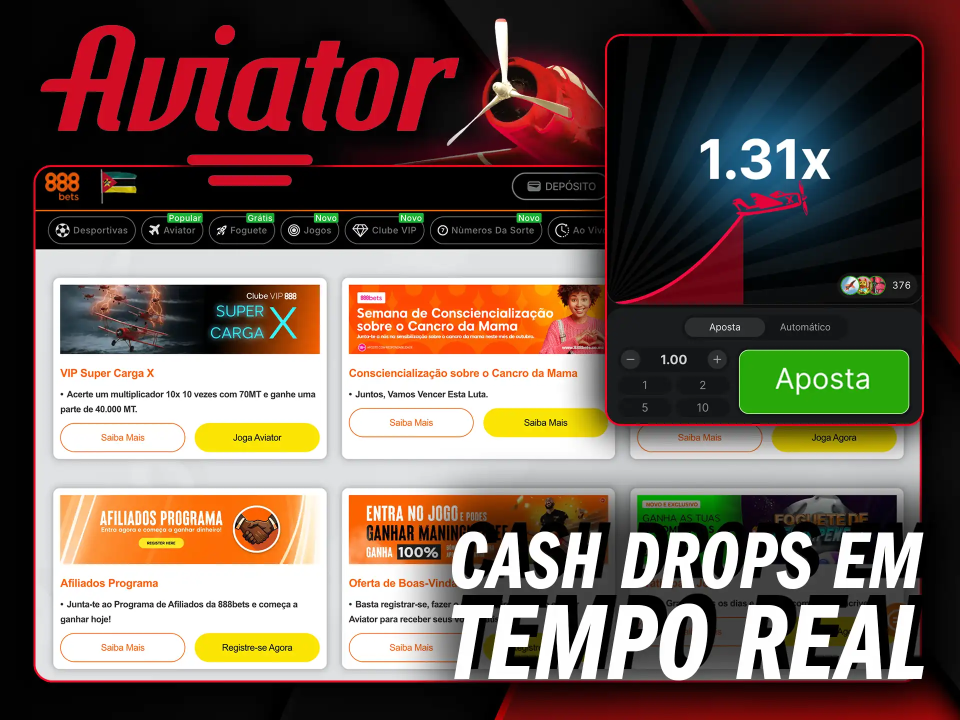 Aproveite cash drops em tempo real e ganhe dinheiro extra enquanto joga Aviator no 888Bets.