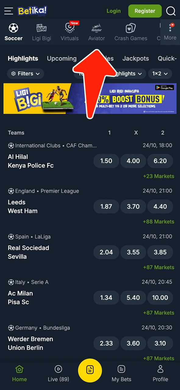 Acesse o Aviator no Betika e comece a jogar para ganhar grandes prêmios.