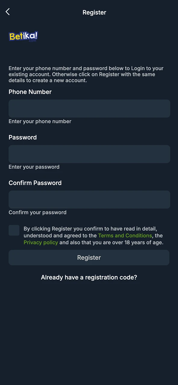 Faça seu cadastro rapidamente e comece a jogar Aviator no Betika com um bônus.