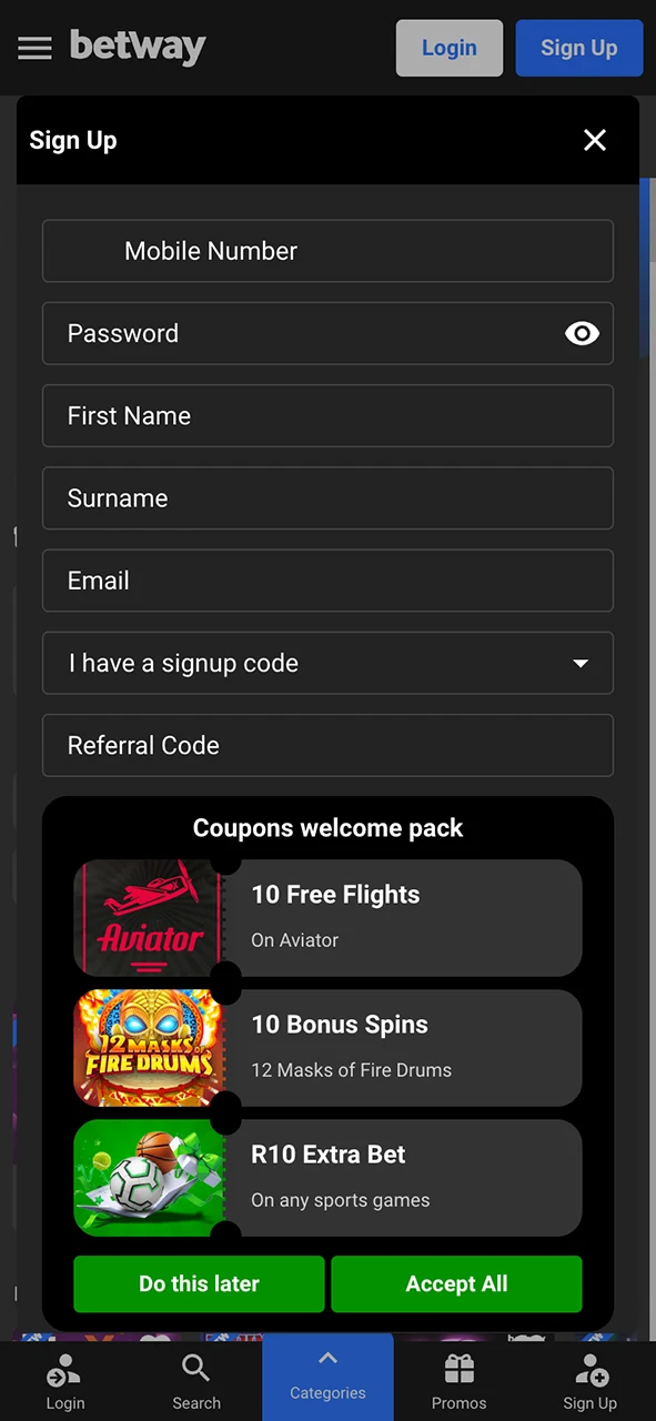 Registre uma nova conta para começar a jogar Aviator na Betway e receba seu bônus.