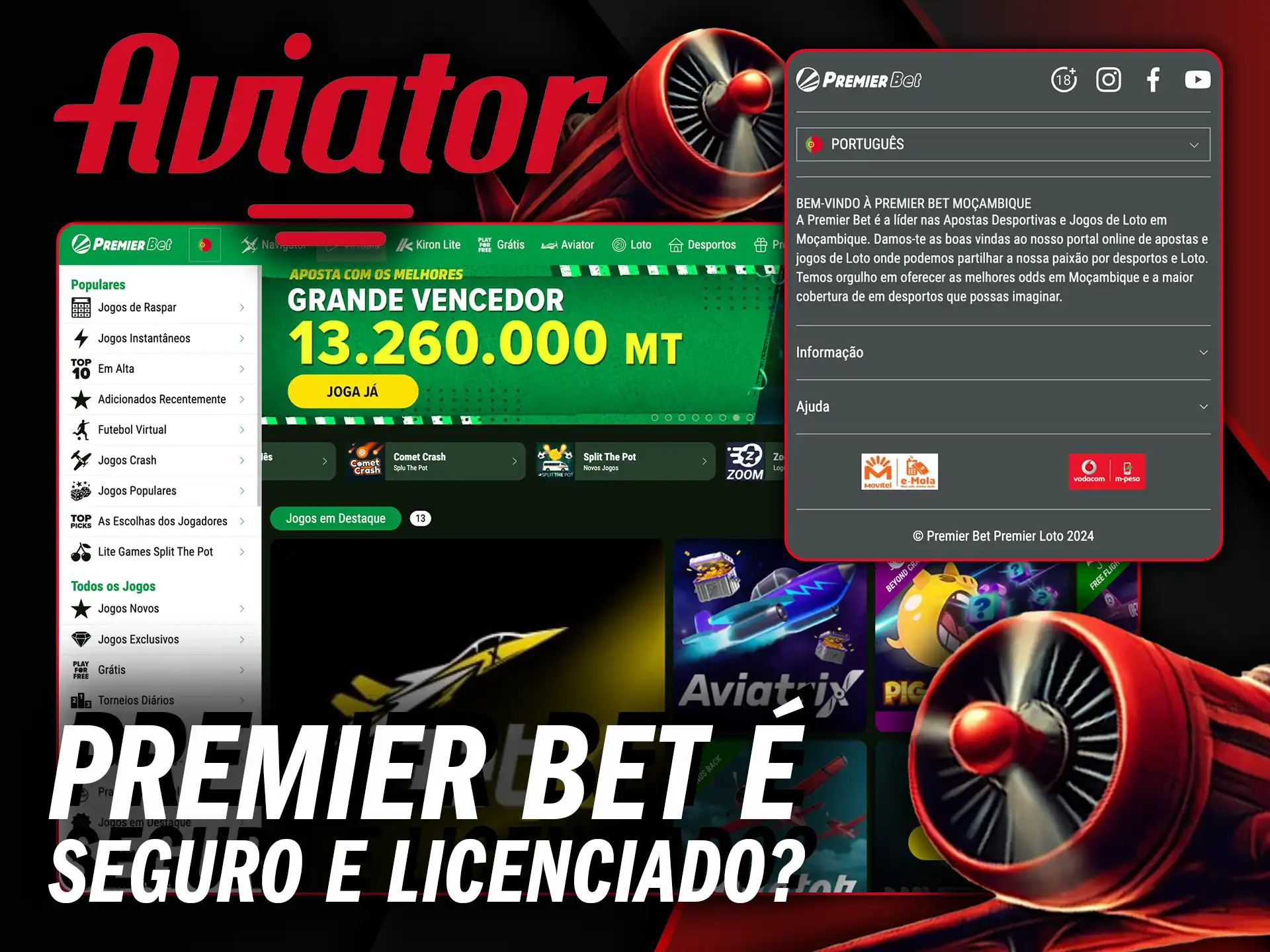 Aposte com segurança Premier Bet é seguro e licenciado para jogar Aviator em Moçambique.